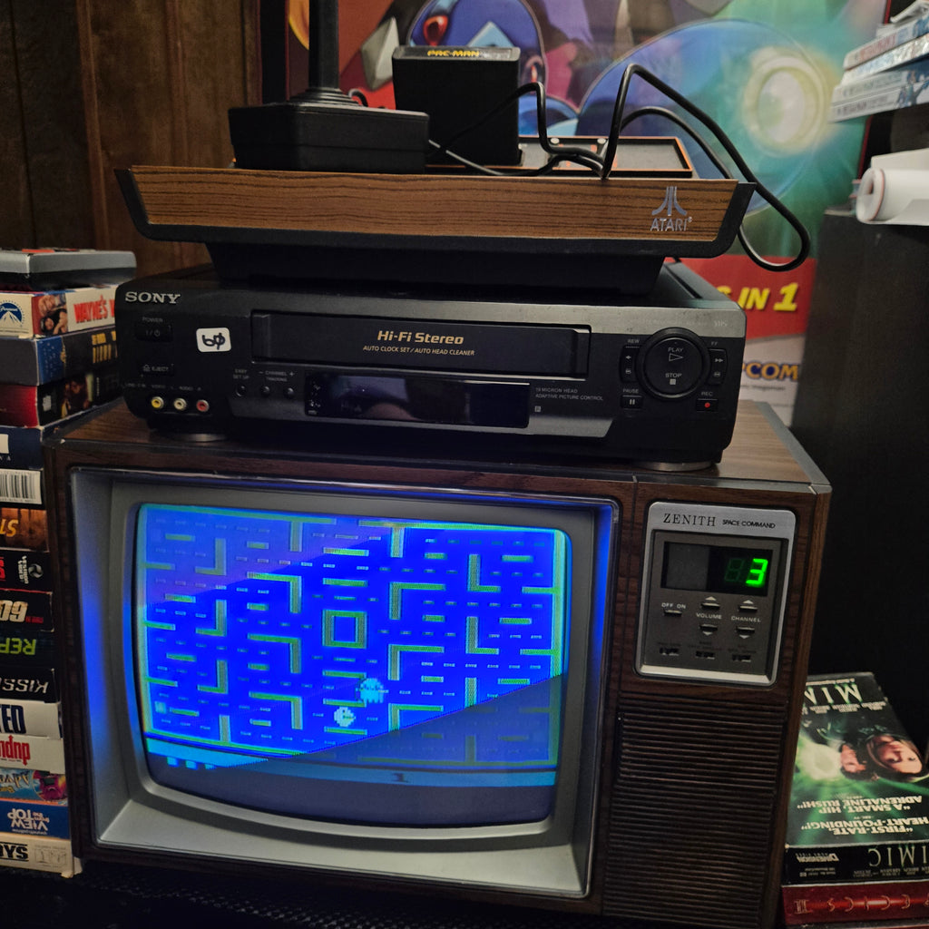 Atari 2600 Woodgrain 4-Switch Console, Joystick, AC, Adapter & Pac-Man - Tested